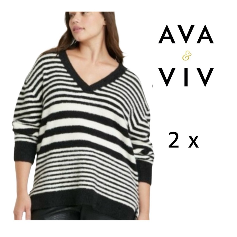 Ava & Viv Fuzzy V-Neck Tunic Black Striped Pullover Plus Size Sweater-2x-NWOT
